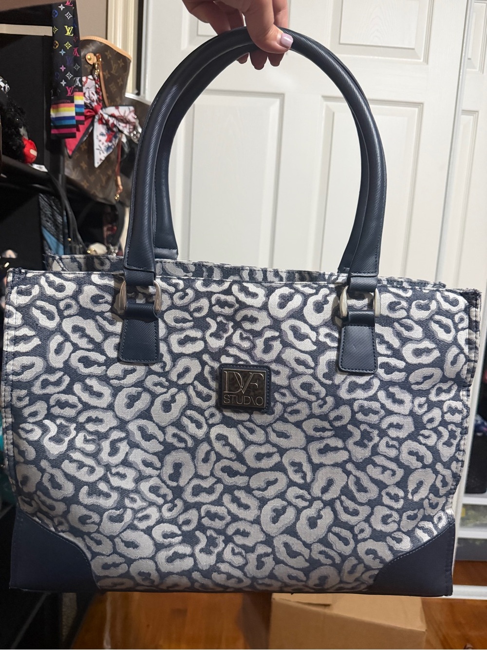 Navy and White Leopard Tote Bag